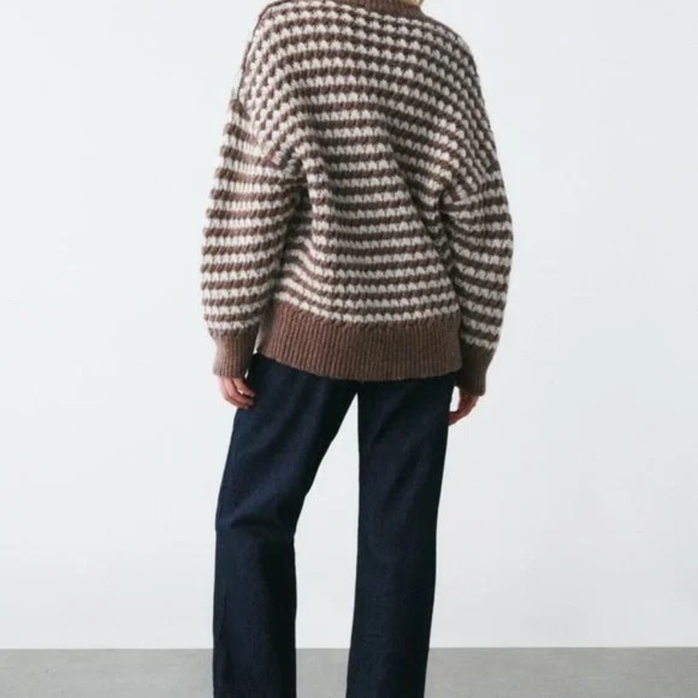 ZARA Wool Chunky Knit Oversized Sweater Brown Grey Stripes Pullover Knit Small - Picture 10 of 16